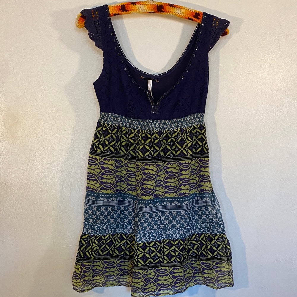 Free People Navy, Green and Blue Printed Mini Dress